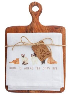 Karma tea towel w/cutting board cat/acacia wood- NWT